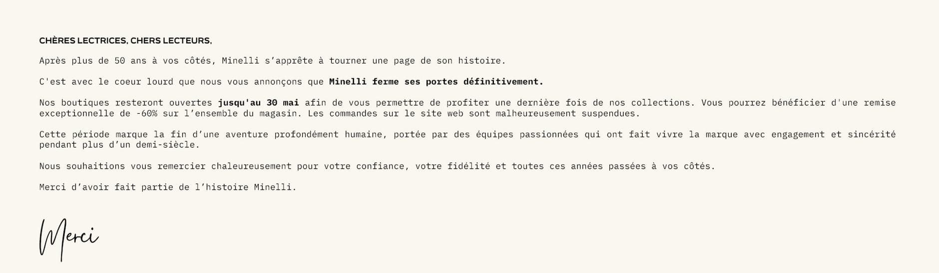 Message au revoir Minelli